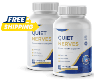 Two bottles of Quiet Nerves nerve health support capsules with a free shipping badge